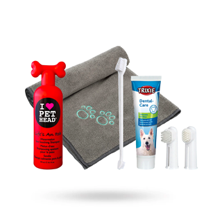 Spakit Med Trixie Grå Microfiberhandduk, Tandvårdsset & Pet Head Lugnande Schampo 475 Ml