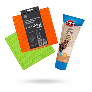 Kit Med 2 St Lickimat Hundskål/slickmatta 20x20 Cm Grön Och Orange & Premio Lammpaté På Tub 110 G