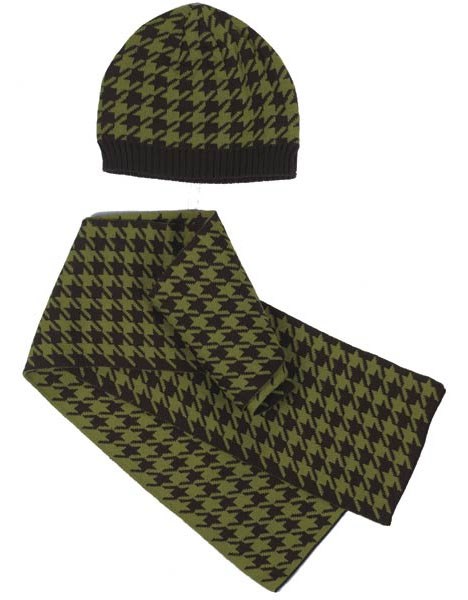 ESC Oxford Houndstooth Hat and Scarf Matchande Set - Grön/Brun