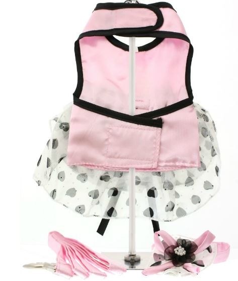 Pink Satin & Hearts Chiffon - Klänning med Koppel, Hatt & Integrerad Sele